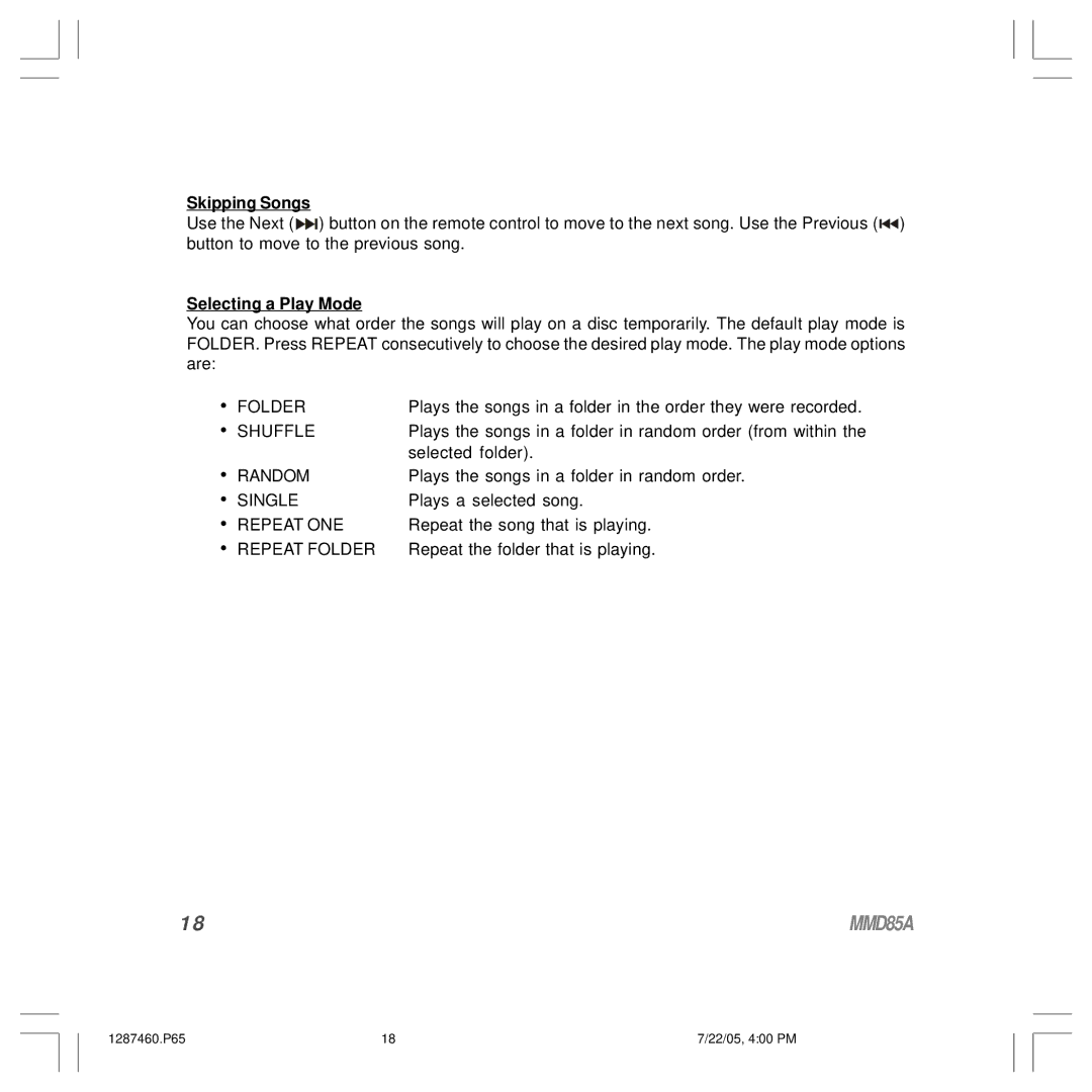 Audiovox MMD85A operation manual Skipping Songs, Selecting a Play Mode 