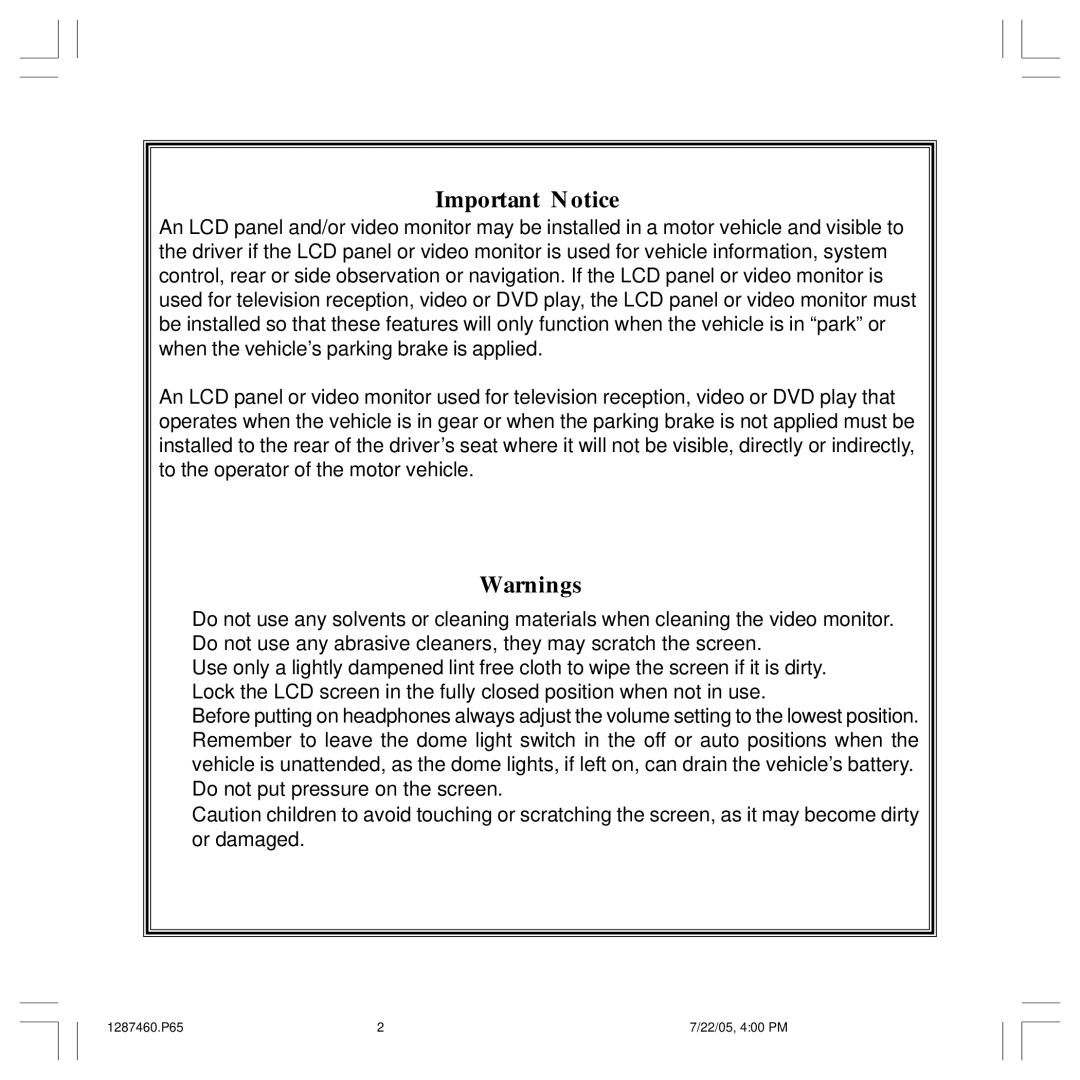 Audiovox MMD85A operation manual Important Notice 