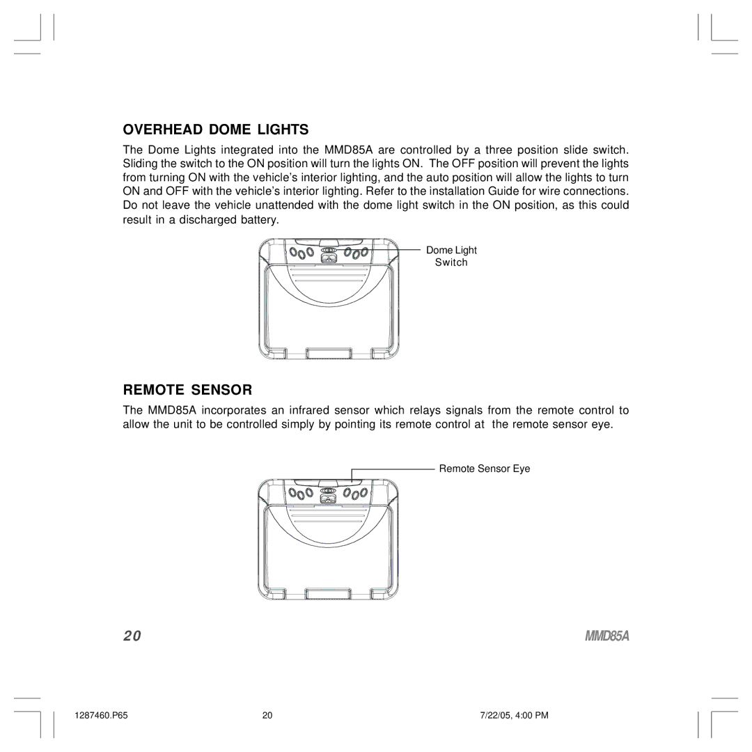 Audiovox MMD85A operation manual Overhead Dome Lights, Remote Sensor 