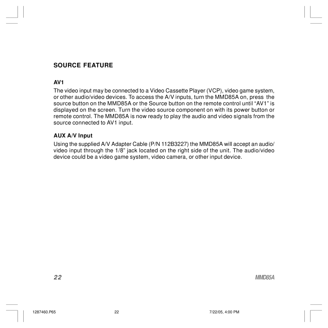 Audiovox MMD85A operation manual Source Feature, AUX A/V Input 