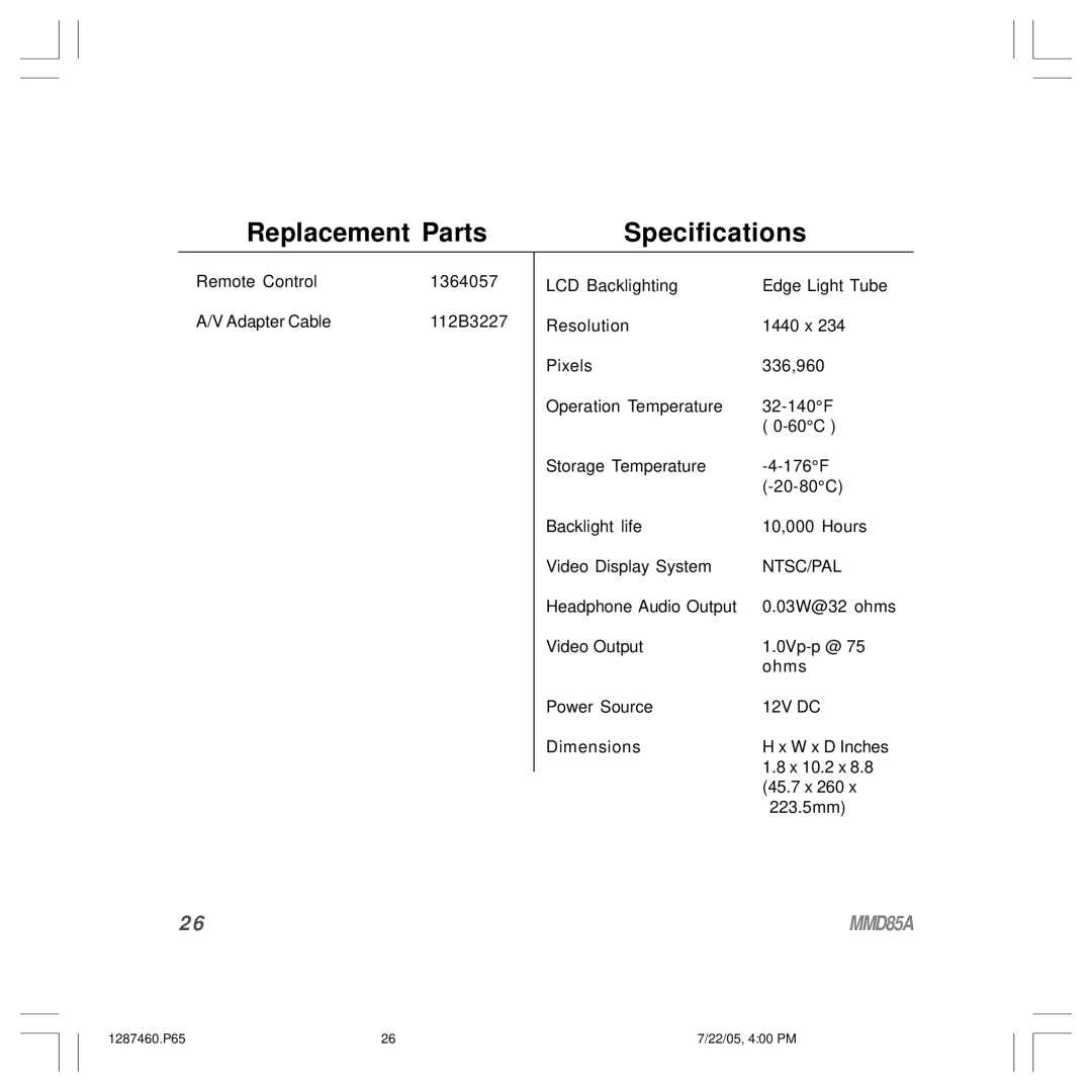 Audiovox MMD85A operation manual Replacement Parts Specifications 