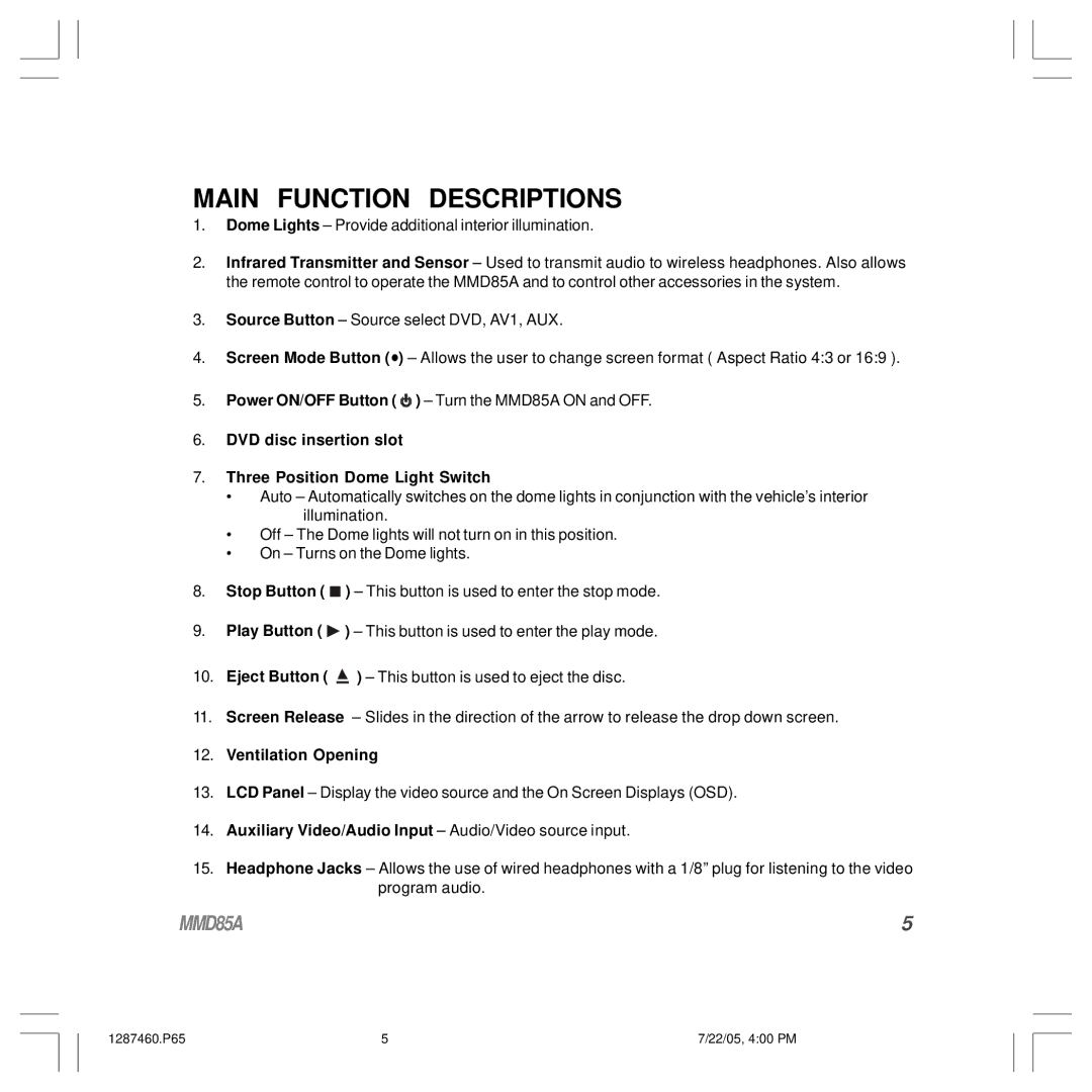 Audiovox MMD85A operation manual DVD disc insertion slot Three Position Dome Light Switch, Ventilation Opening 