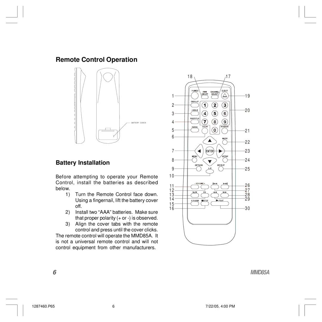 Audiovox MMD85A operation manual Remote Control Operation 