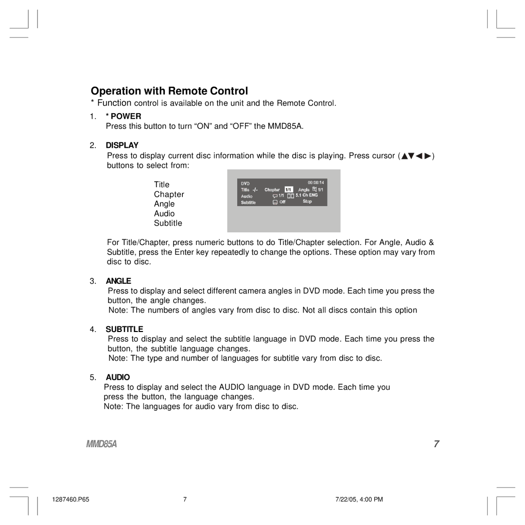 Audiovox MMD85A operation manual Operation with Remote Control, Power 