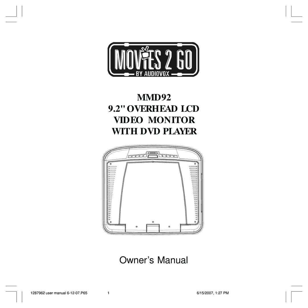 Audiovox 1287962 owner manual MMD92 Overhead LCD 