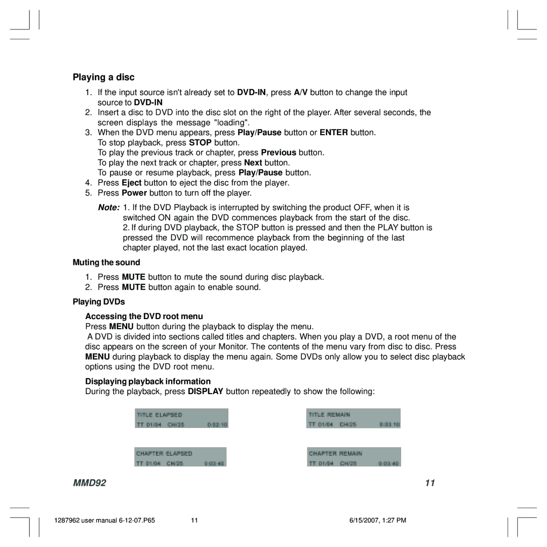 Audiovox 1287962, MMD92 owner manual Playing a disc, Muting the sound, Playing DVDs Accessing the DVD root menu 