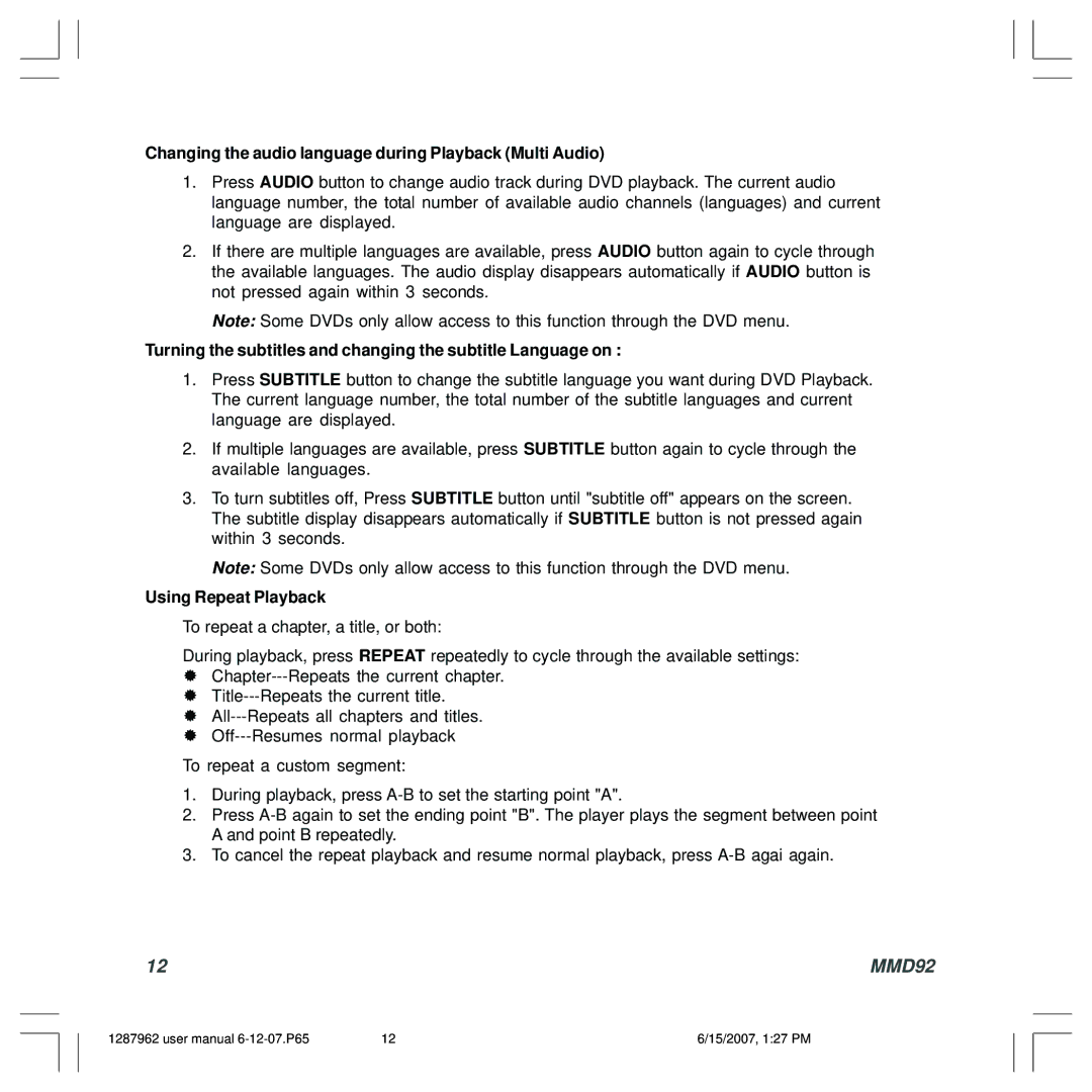 Audiovox MMD92, 1287962 owner manual Changing the audio language during Playback Multi Audio, Using Repeat Playback 