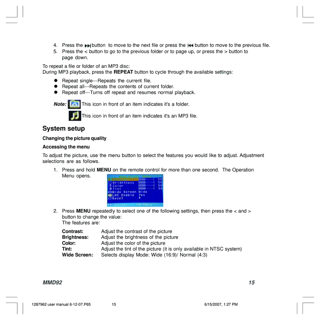 Audiovox 1287962, MMD92 owner manual System setup, Changing the picture quality Accessing the menu 