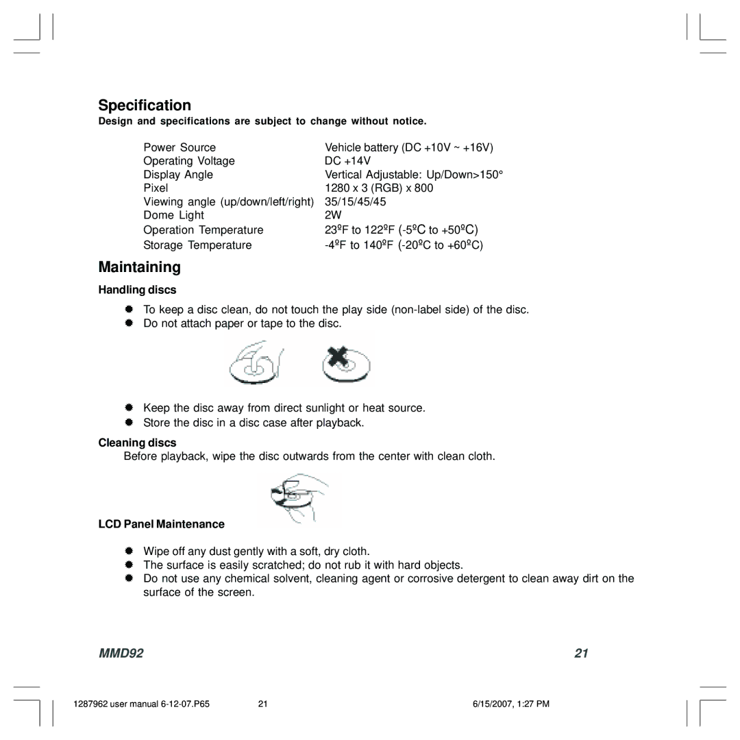 Audiovox 1287962, MMD92 owner manual Specification, Maintaining, Handling discs, Cleaning discs, LCD Panel Maintenance 