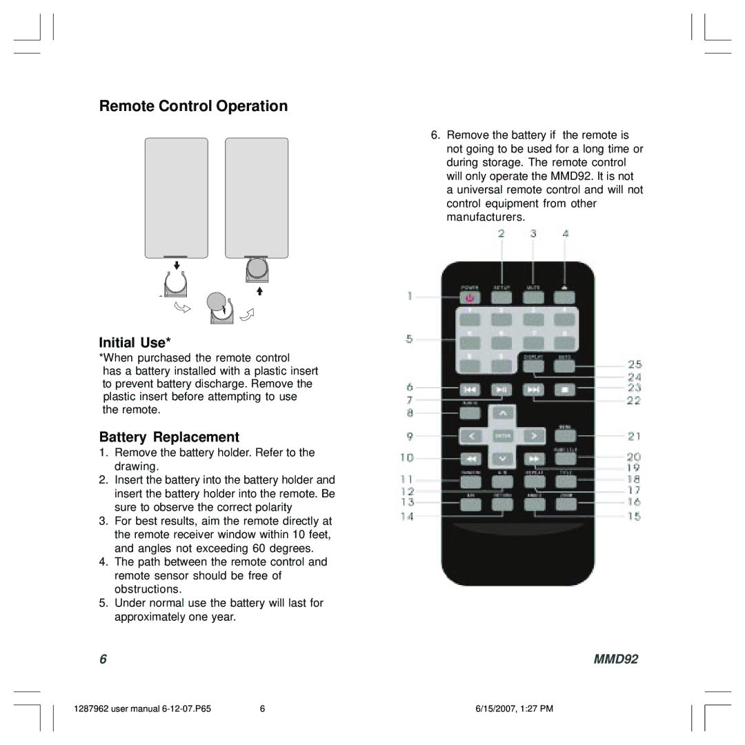 Audiovox MMD92, 1287962 owner manual Remote Control Operation, Initial Use 