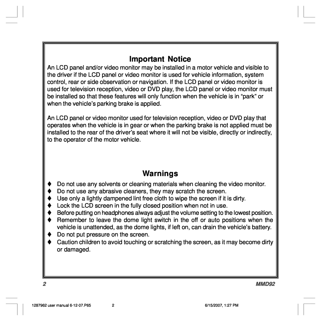Audiovox MMD92, 1287962 owner manual Important Notice, Warnings 