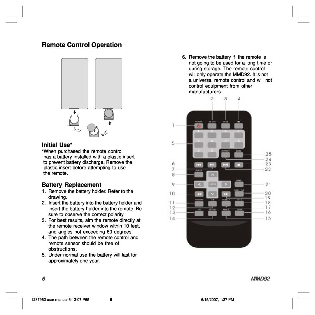 Audiovox MMD92, 1287962 owner manual Remote Control Operation, Initial Use, Battery Replacement 