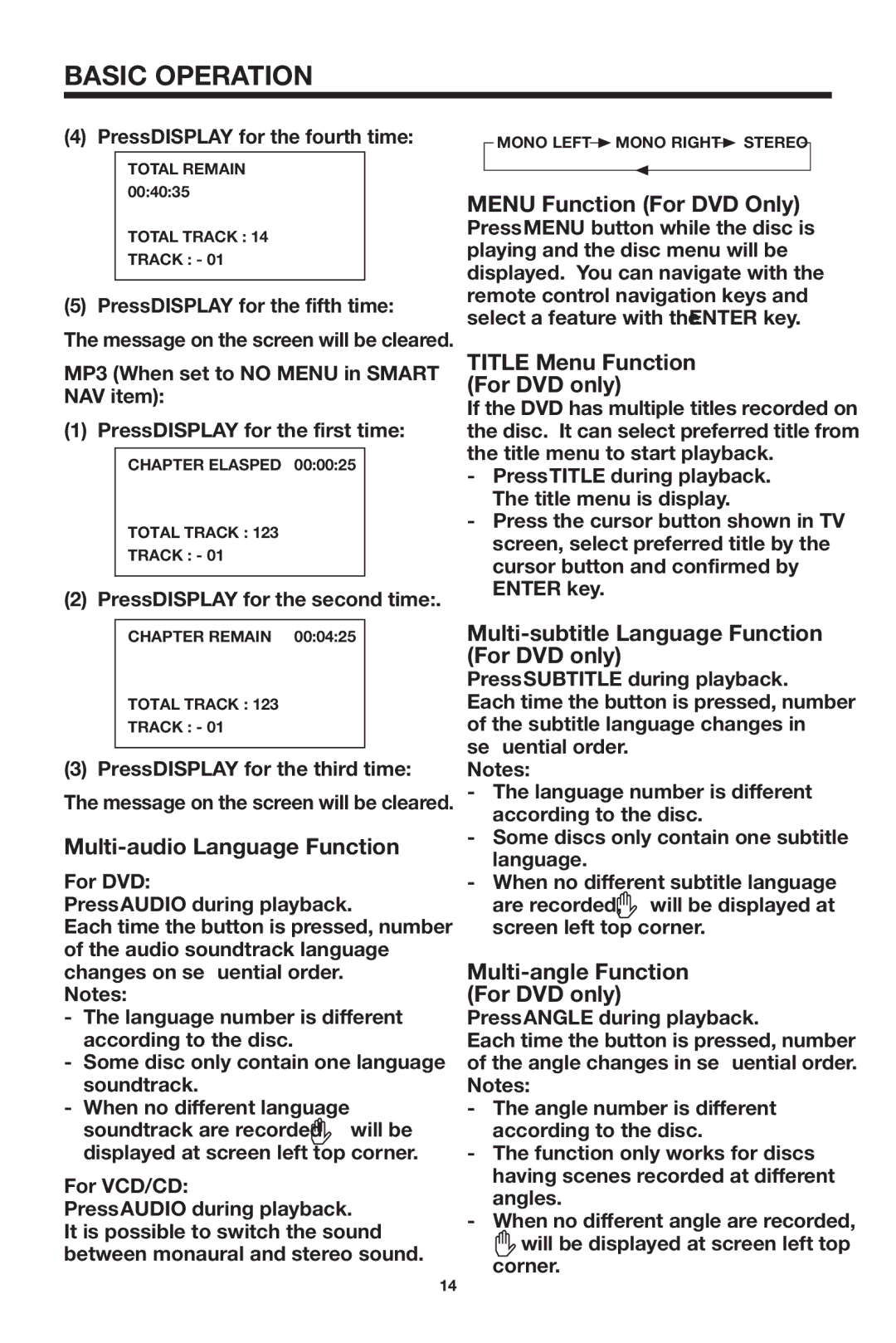 Audiovox MMDV2 owner manual Multi-audio Language Function, Menu Function For DVD Only, Title Menu Function For DVD only 