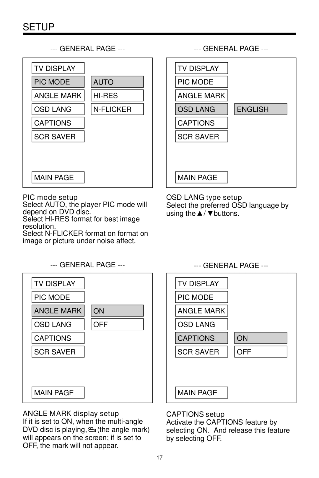 Audiovox MMDV2 owner manual PIC mode setup, OSD Lang type setup, Angle Mark display setup, Captions setup 