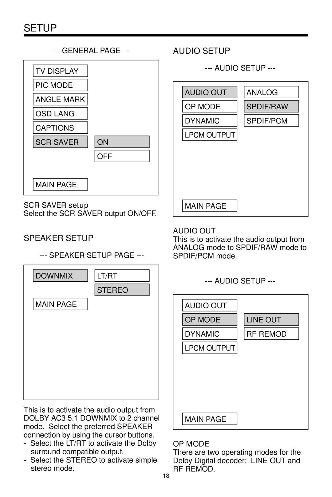 Audiovox MMDV2 owner manual Audio Setup, Speaker Setup, SCR Saver setup, Audio OUT, OP Mode 