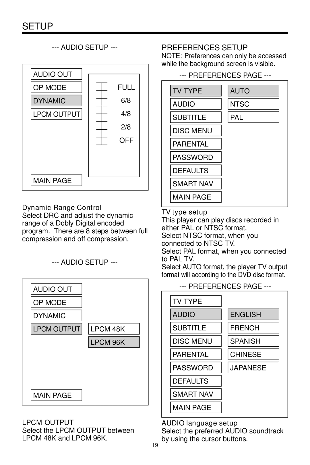 Audiovox MMDV2 owner manual Preferences Setup, Dynamic Range Control, Lpcm Output, TV type setup, Audio language setup 