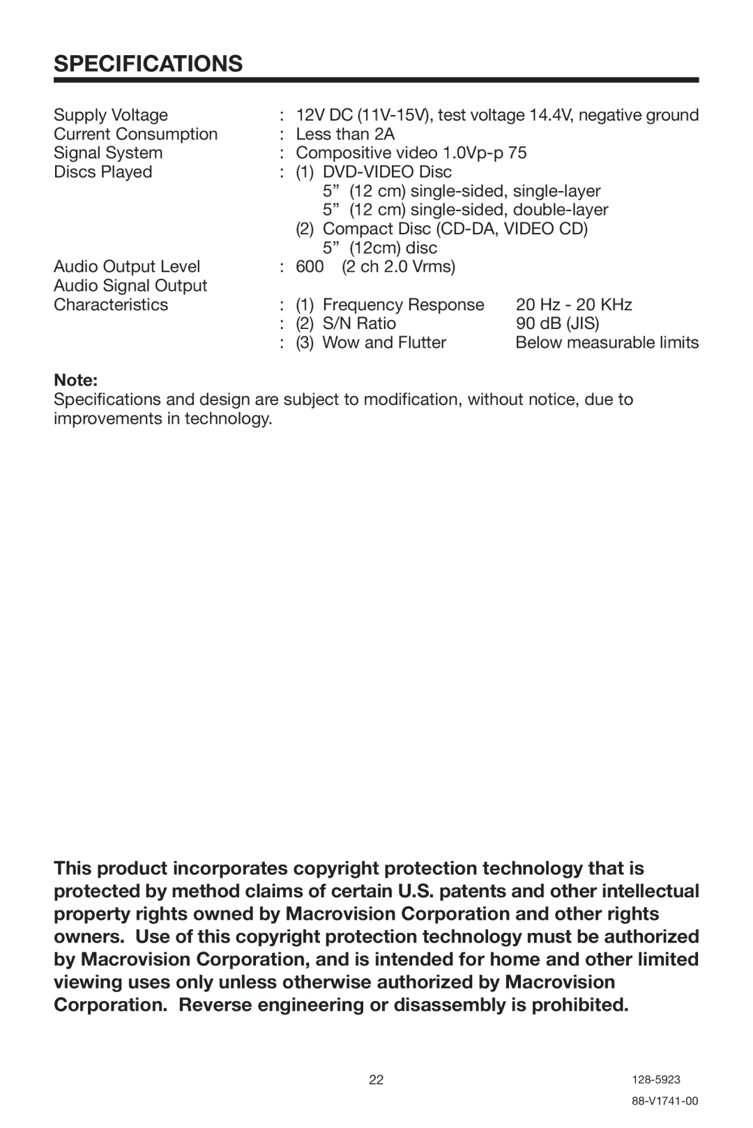 Audiovox MMDV2 owner manual Specifications 