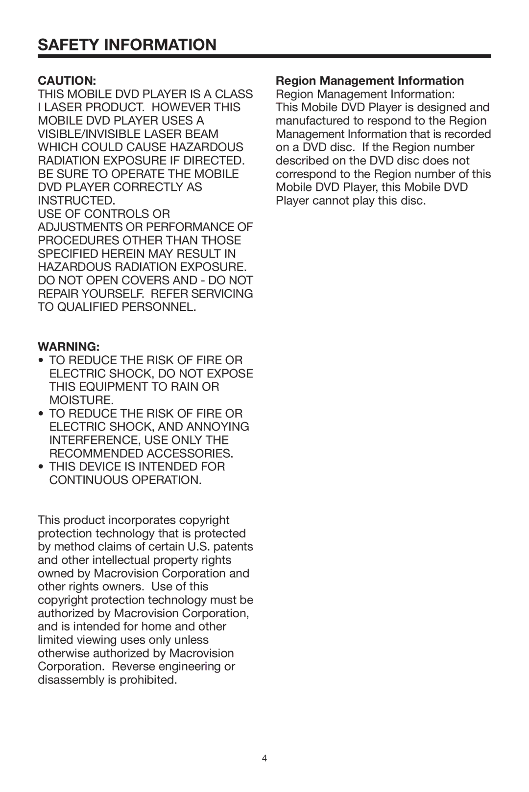 Audiovox MMDV2 owner manual Safety Information, Region Management Information Region Management Information 