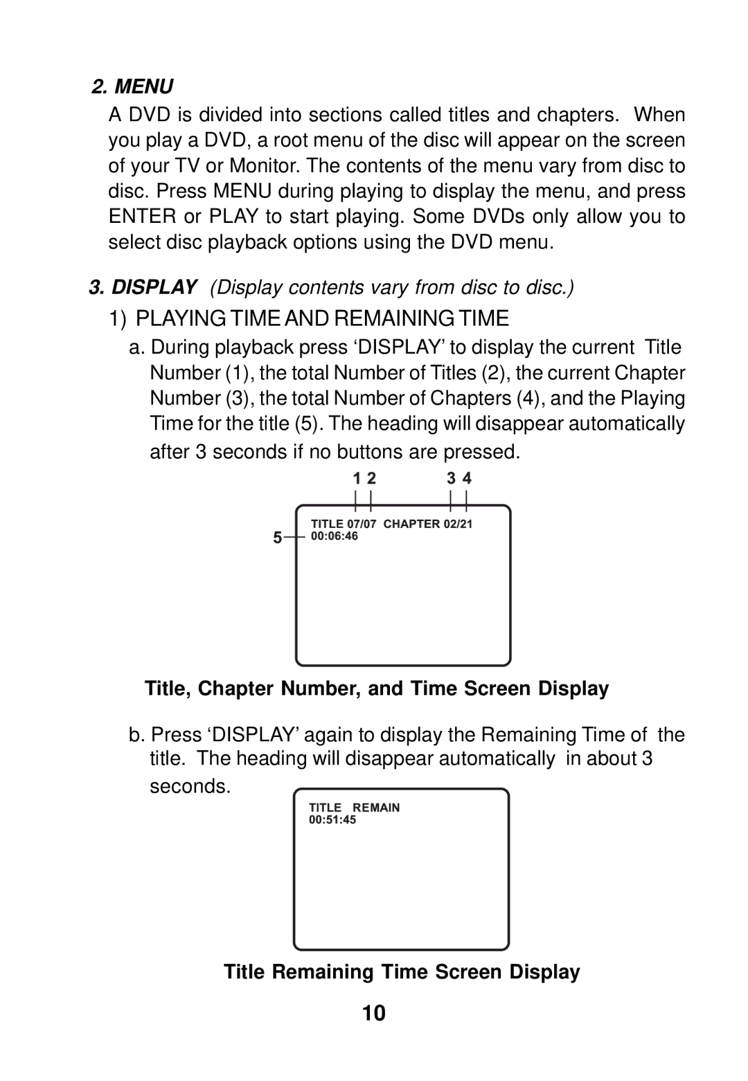 Audiovox MMDV3 owner manual Title, Chapter Number, and Time Screen Display, Title Remaining Time Screen Display 