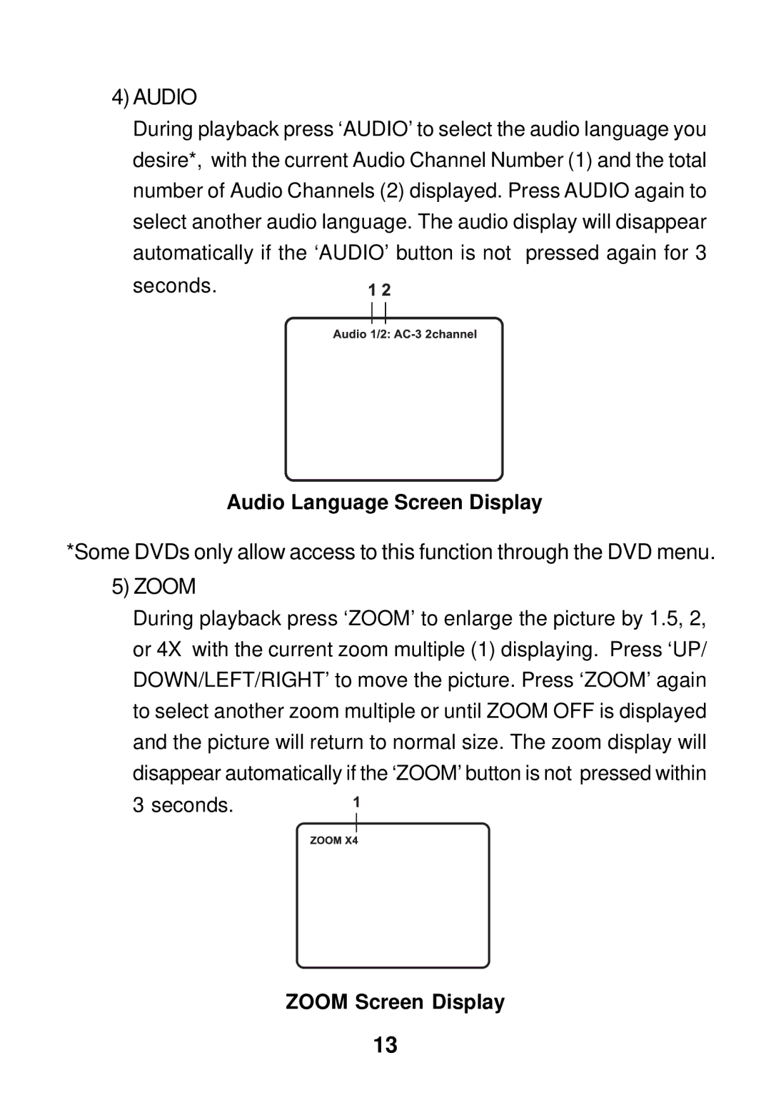 Audiovox MMDV3 owner manual Audio Language Screen Display, Zoom Screen Display 