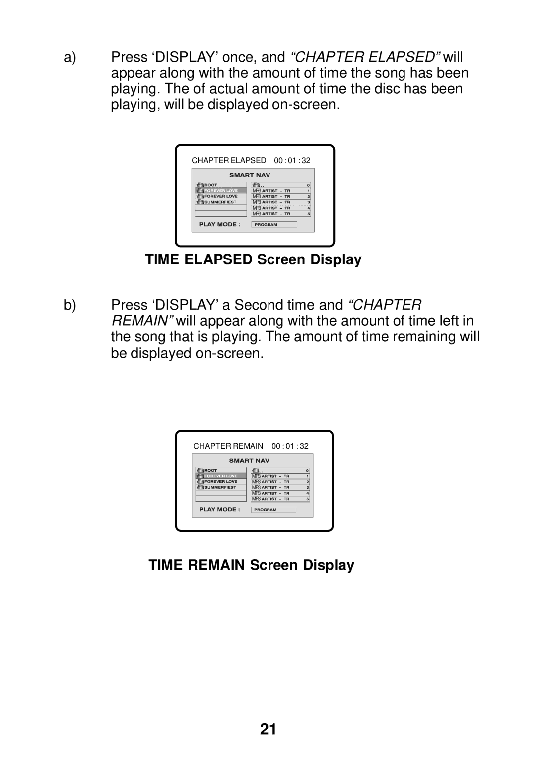 Audiovox MMDV3 owner manual Time Elapsed Screen Display, Time Remain Screen Display 