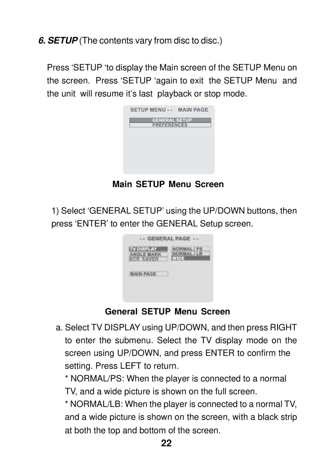 Audiovox MMDV3 owner manual Main Setup Menu Screen, General Setup Menu Screen 