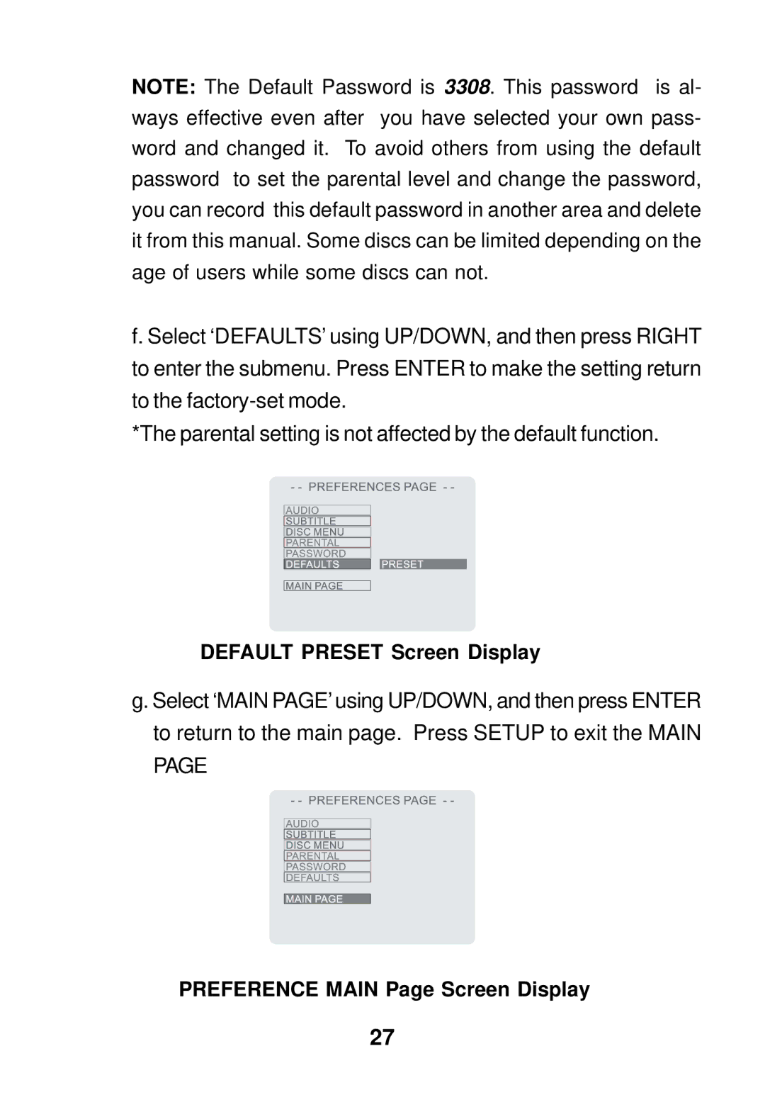 Audiovox MMDV3 owner manual Default Preset Screen Display, Preference Main Page Screen Display 