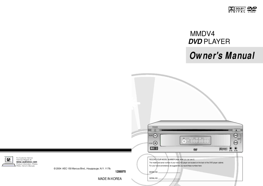 Audiovox owner manual MMDV4 DVD Player 