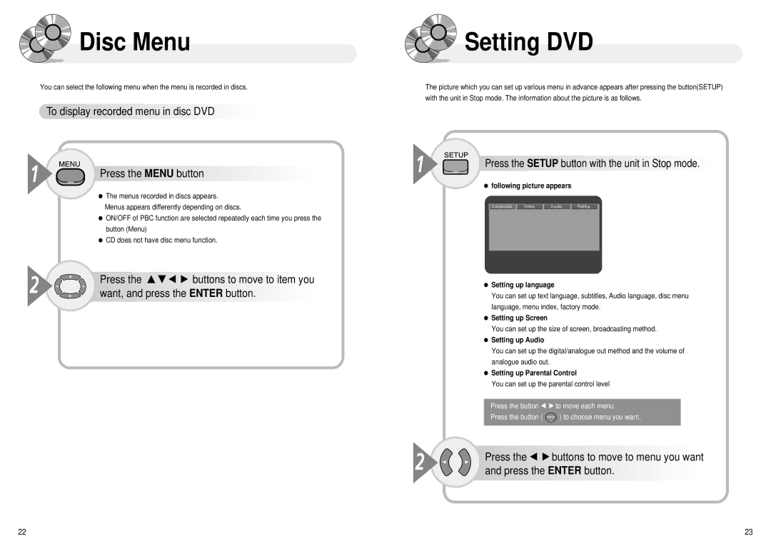 Audiovox MMDV4 owner manual Disc Menu, Setting DVD, To display recorded menu in disc DVD Press the Menu button 