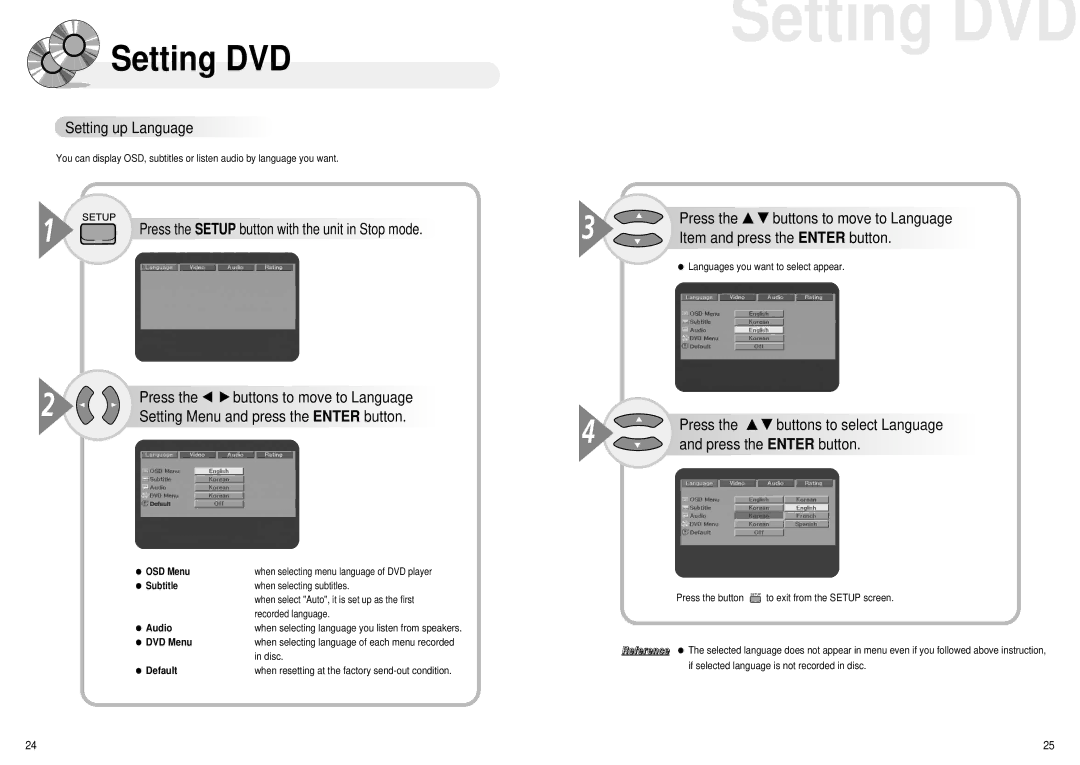 Audiovox MMDV4 owner manual Setting up Language, Item and press the Enter button, Press the Enter button 