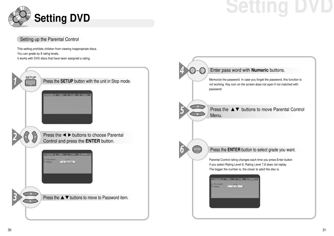 Audiovox MMDV4 Setting up the Parental Control, Control and press the Enter button, Enter pass word with Numeric buttons 