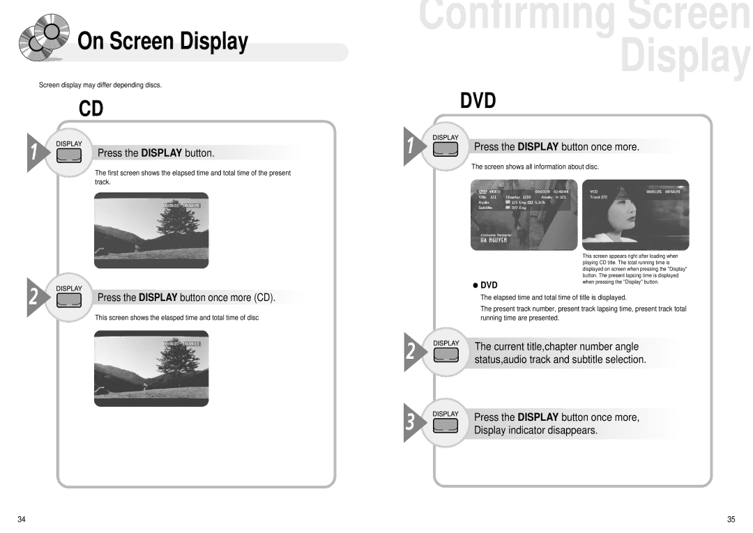 Audiovox MMDV4 owner manual On Screen Display, Press the Display button once more CD, Display indicator disappears 