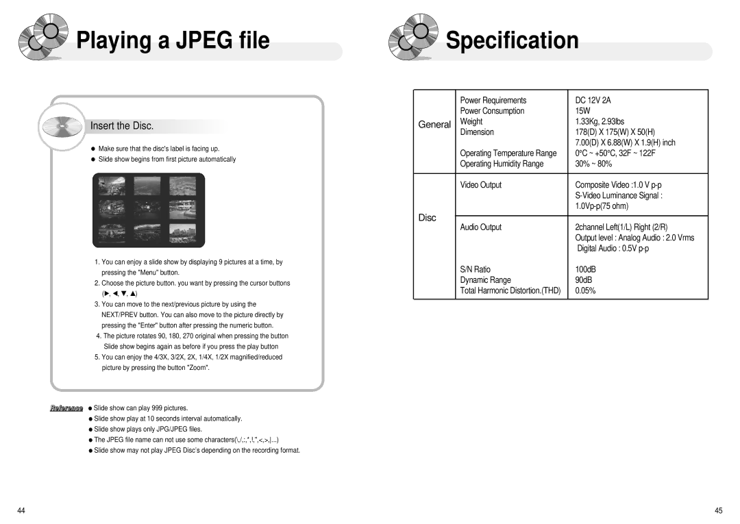 Audiovox MMDV4 owner manual Playing a Jpeg file, Specification, Insert the Disc 