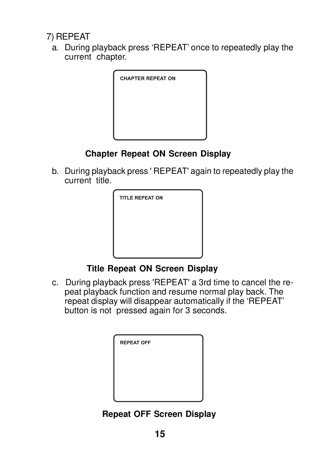 Audiovox MMH56 owner manual Chapter Repeat on Screen Display, Title Repeat on Screen Display, Repeat OFF Screen Display 