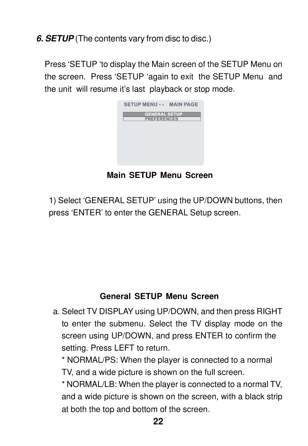 Audiovox MMH56 owner manual Main Setup Menu Screen, General Setup Menu Screen 