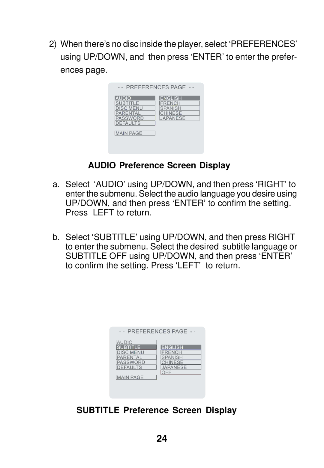 Audiovox MMH56 owner manual Audio Preference Screen Display, Subtitle Preference Screen Display 