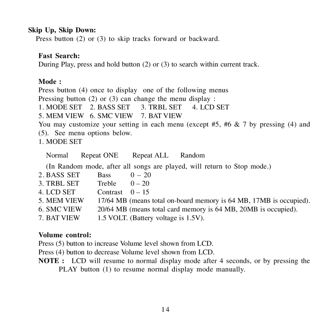 Audiovox MP1164 user manual Skip Up, Skip Down, Fast Search, Mode, Volume control 