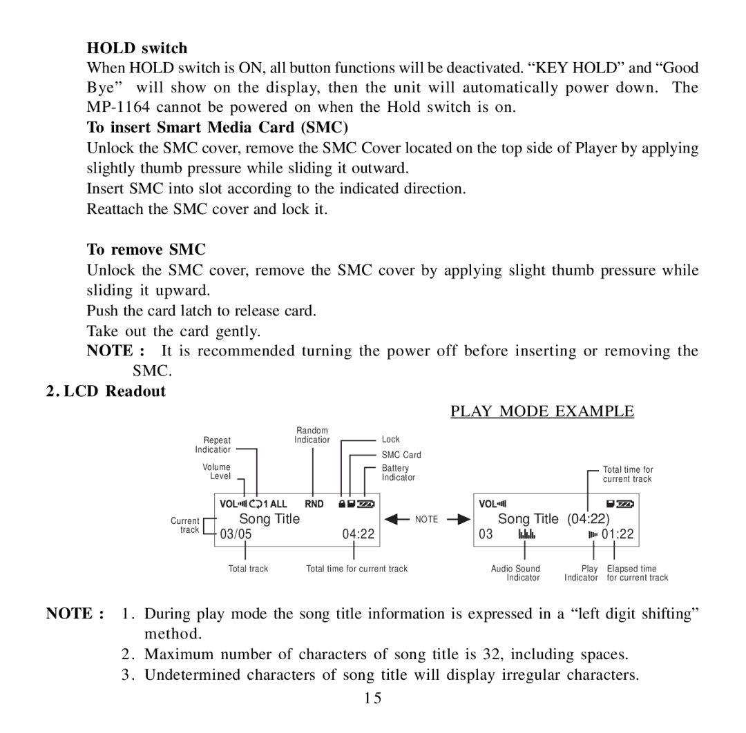 Audiovox MP1164 user manual Hold switch, To remove SMC, LCD Readout 