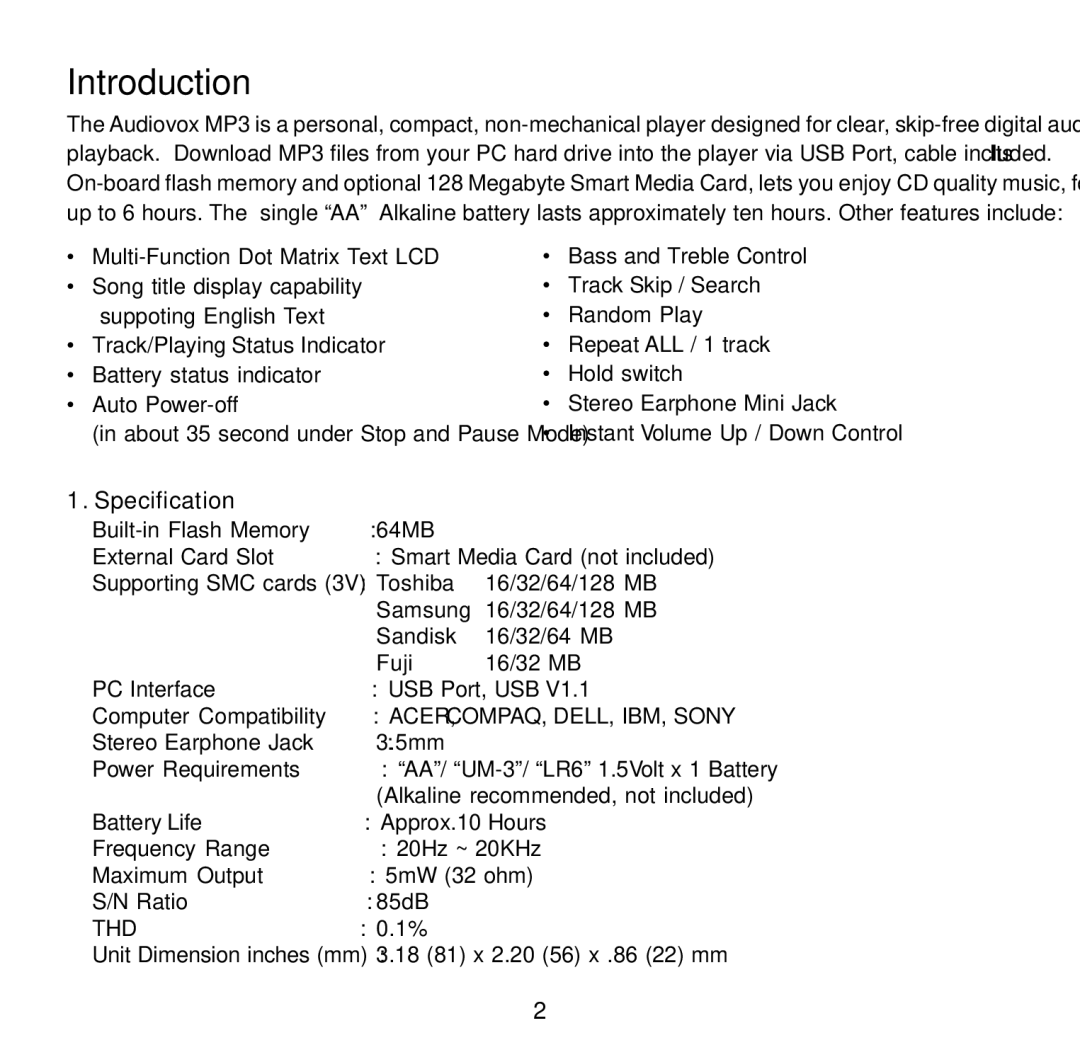 Audiovox MP1164 user manual Introduction, Specification 