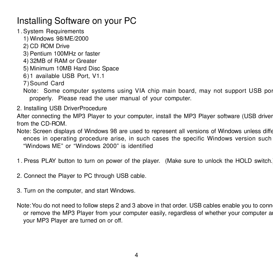 Audiovox MP1164 user manual Installing Software on your PC, System Requirements, Installing USB DriverProcedure 