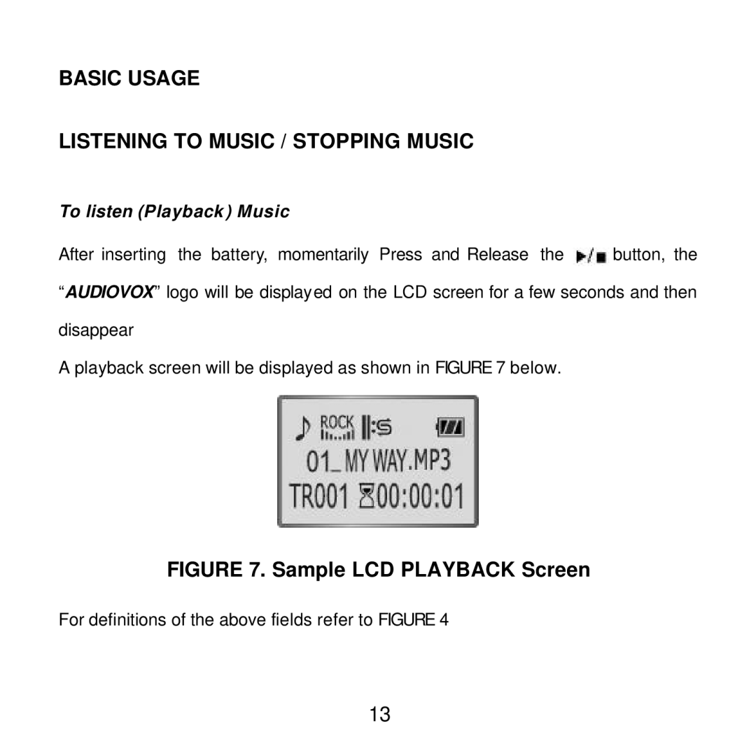 Audiovox MP2000 manual Basic Usage Listening to Music / Stopping Music, To listen Playback Music 