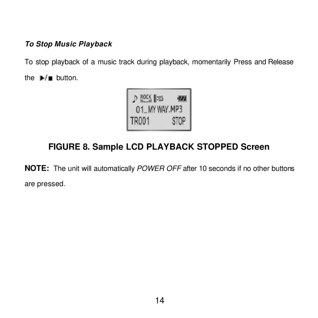 Audiovox MP2000 manual Sample LCD Playback Stopped Screen, To Stop Music Playback 