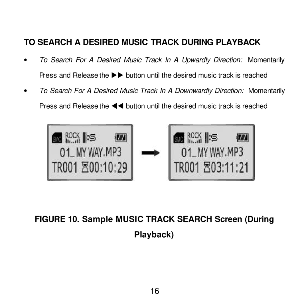 Audiovox MP2000 manual To Search a Desired Music Track During Playback, Sample Music Track Search Screen During Playback 