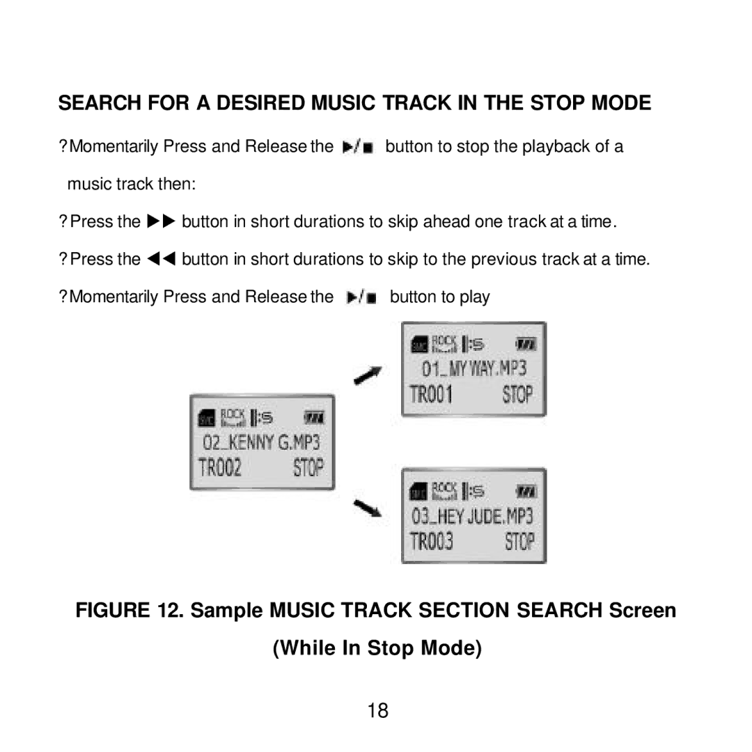 Audiovox MP2000 manual Search for a Desired Music Track in the Stop Mode 