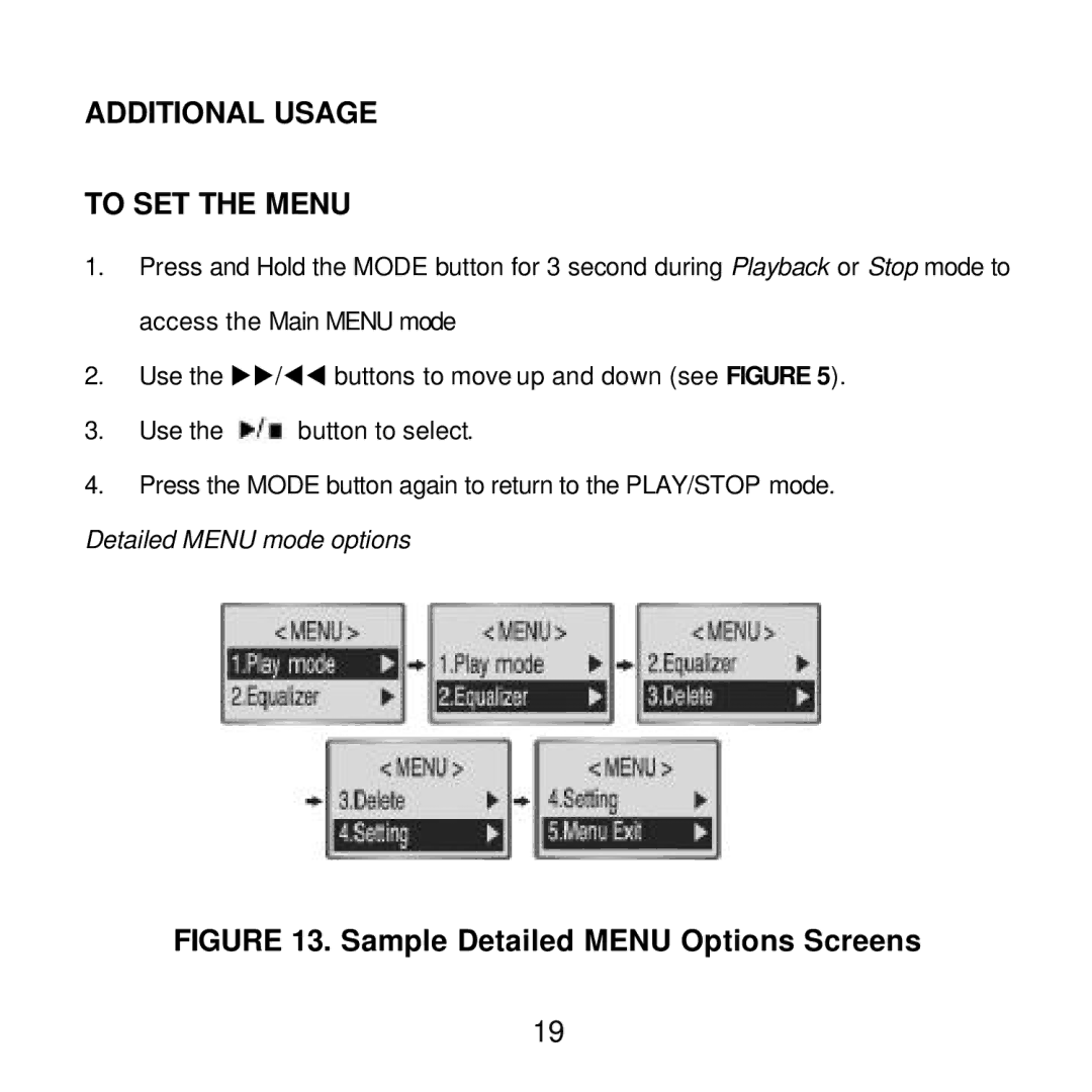 Audiovox MP2000 manual Additional Usage To SET the Menu, Detailed Menu mode options 