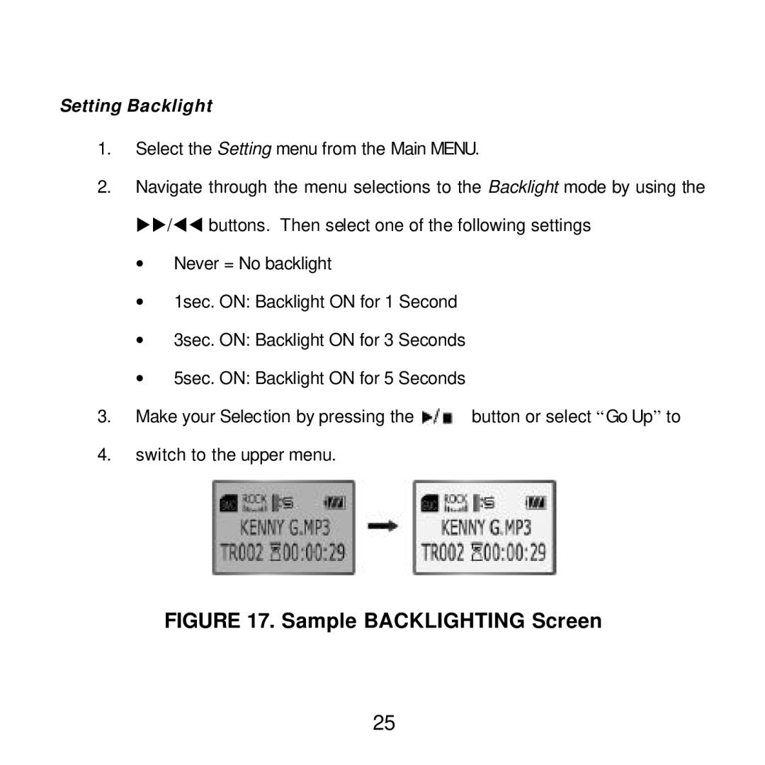 Audiovox MP2000 manual Sample Backlighting Screen, Setting Backlight 