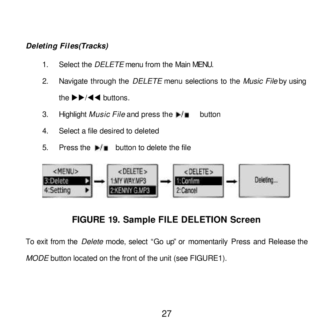 Audiovox MP2000 manual Sample File Deletion Screen, Deleting FilesTracks 