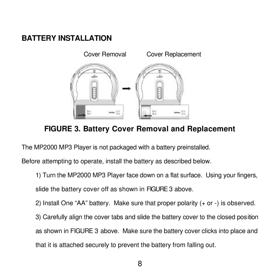 Audiovox MP2000 manual Battery Installation, Battery Cover Removal and Replacement 