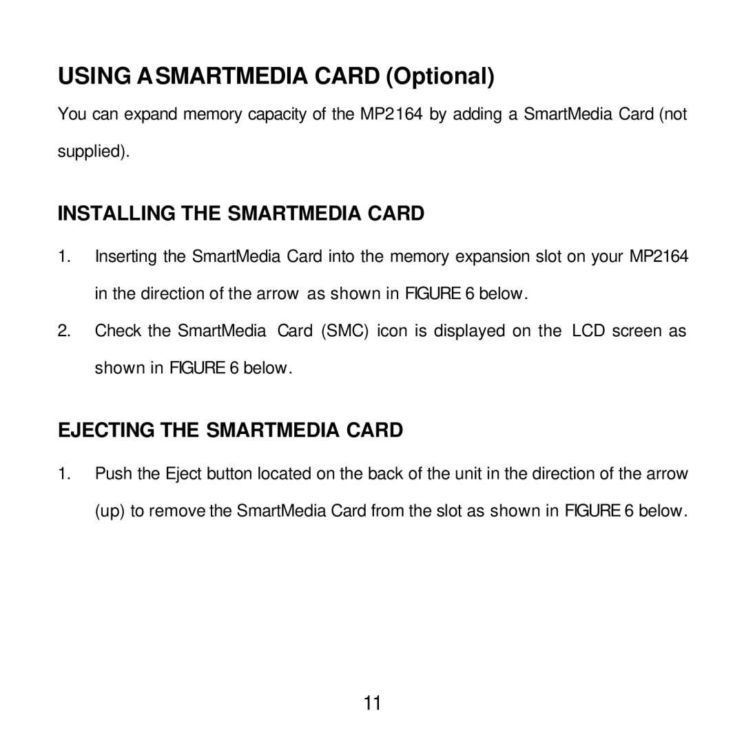 Audiovox MP2164 manual Installing the Smartmedia Card, Ejecting the Smartmedia Card 