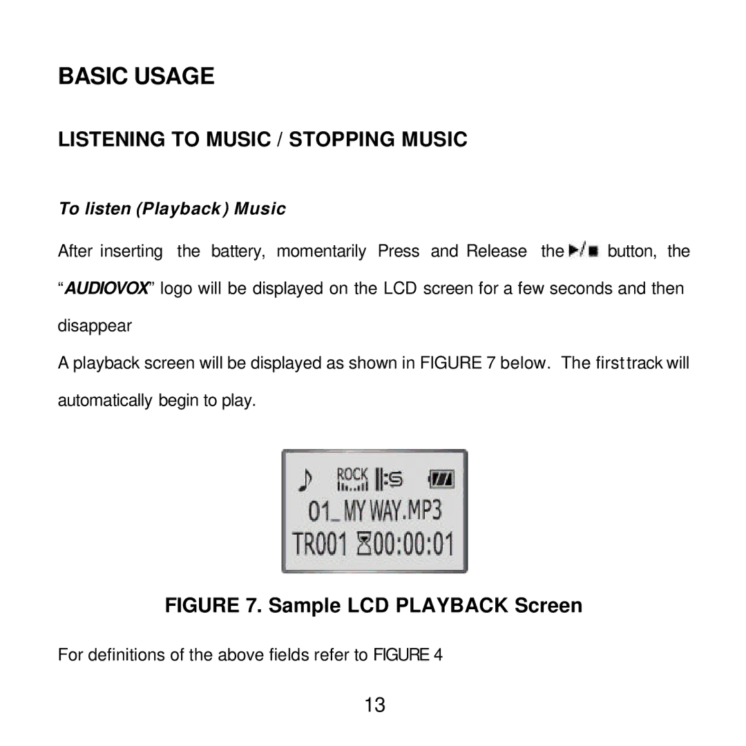 Audiovox MP2164 manual Basic Usage, Listening to Music / Stopping Music, To listen Playback Music 